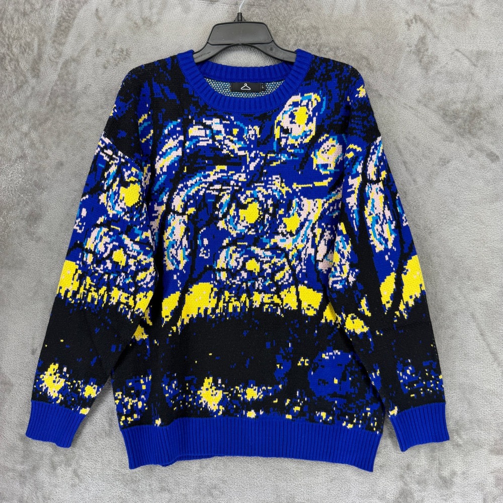 Unbranded Starry Night Knit Sweater Men Large Blue Impressionist Art Pullover